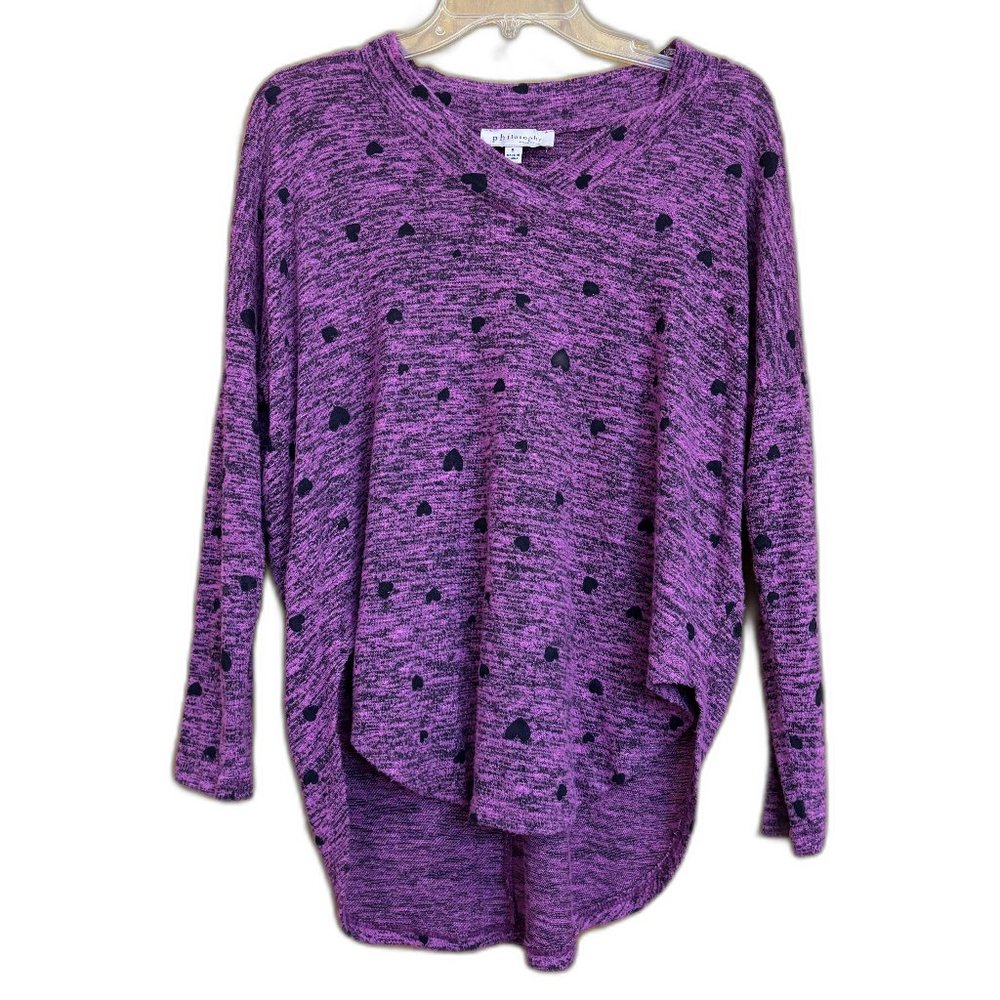 Philosophy Berry Pink And Black Hearts Tunic Length V Neck Sweater Size Small